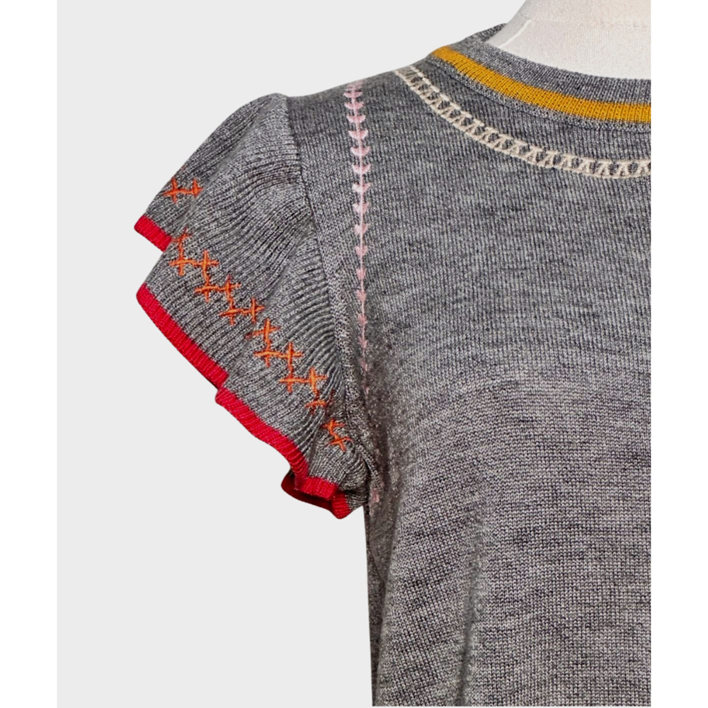 THML Gray Embroidered Ruffle Short Sleeve Wool Blend Sweater Small - Picture 3 of 7